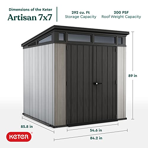 Keter Artisan 7x7 Foot Outdoor Shed with Floor-Modern Design for Patio Furniture Lawn Mower, Tools, and Bike Storage, Grey