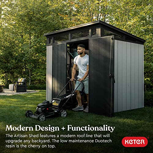Keter Artisan 7x7 Foot Outdoor Shed with Floor-Modern Design for Patio Furniture Lawn Mower, Tools, and Bike Storage, Grey