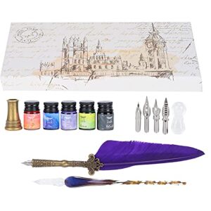 hztyyier 5 bottles colorful ink writing gift box kit(purple) calligraphy feather pen set glass ink feather fountain pen with replaceable nib school supplies