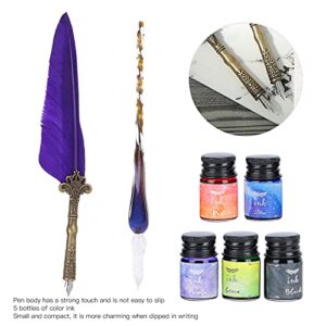 Hztyyier 5 Bottles Colorful ink Writing Gift Box Kit(Purple) Calligraphy Feather Pen Set Glass Ink Feather Fountain Pen with Replaceable Nib School Supplies