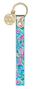 lilly pulitzer durable leatherette strap key chain, cute wristlet keychain accessory with metal ring, golden hour