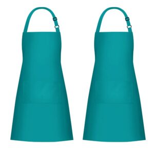 jubatus 2 pack 100% cotton aprons with 2 pockets cooking chef kitchen adjustable bib apron for women men, teal green