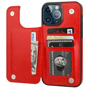 onetop compatible with iphone 13 pro max wallet case with card holder,pu leather kickstand card slots case, double magnetic clasp and durable shockproof cover 6.7 inch(red)