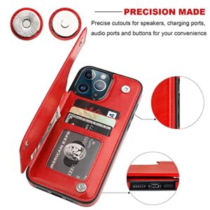 ONETOP Compatible with iPhone 13 Pro Max Wallet Case with Card Holder,PU Leather Kickstand Card Slots Case, Double Magnetic Clasp and Durable Shockproof Cover 6.7 Inch(Red)