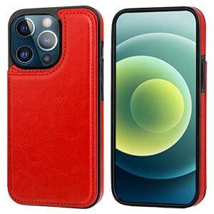 ONETOP Compatible with iPhone 13 Pro Max Wallet Case with Card Holder,PU Leather Kickstand Card Slots Case, Double Magnetic Clasp and Durable Shockproof Cover 6.7 Inch(Red)