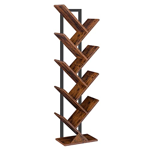 HOOBRO Tree Bookshelf, 9-Tier Bookcase Wooden Shelves, Floor Standing Storage Rack, for Display of CDs, Books in Living Room, Home Office, Wood Storage Rack for Bedroom, Rustic Brown BF08SJ01