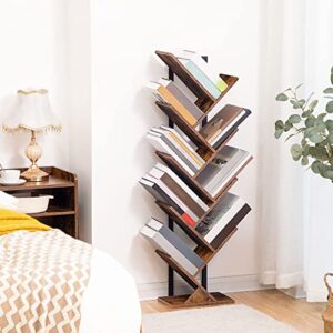 HOOBRO Tree Bookshelf, 9-Tier Bookcase Wooden Shelves, Floor Standing Storage Rack, for Display of CDs, Books in Living Room, Home Office, Wood Storage Rack for Bedroom, Rustic Brown BF08SJ01