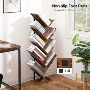 HOOBRO Tree Bookshelf, 9-Tier Bookcase Wooden Shelves, Floor Standing Storage Rack, for Display of CDs, Books in Living Room, Home Office, Wood Storage Rack for Bedroom, Rustic Brown BF08SJ01