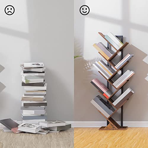 HOOBRO Tree Bookshelf, 9-Tier Bookcase Wooden Shelves, Floor Standing Storage Rack, for Display of CDs, Books in Living Room, Home Office, Wood Storage Rack for Bedroom, Rustic Brown BF08SJ01