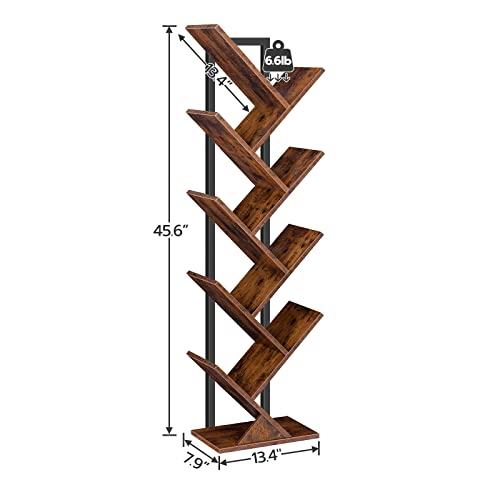 HOOBRO Tree Bookshelf, 9-Tier Bookcase Wooden Shelves, Floor Standing Storage Rack, for Display of CDs, Books in Living Room, Home Office, Wood Storage Rack for Bedroom, Rustic Brown BF08SJ01