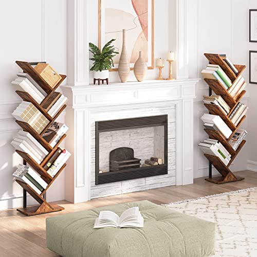 HOOBRO Tree Bookshelf, 9-Tier Bookcase Wooden Shelves, Floor Standing Storage Rack, for Display of CDs, Books in Living Room, Home Office, Wood Storage Rack for Bedroom, Rustic Brown BF08SJ01