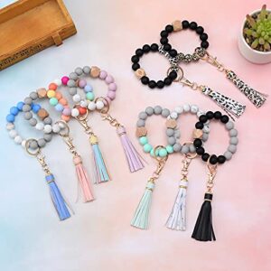 BAOSIWA Women Silicone Keychain Bracelet Beaded Wristlet Key Ring Black Bangle Chains with Leather Tassel