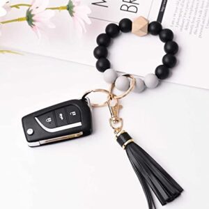 BAOSIWA Women Silicone Keychain Bracelet Beaded Wristlet Key Ring Black Bangle Chains with Leather Tassel