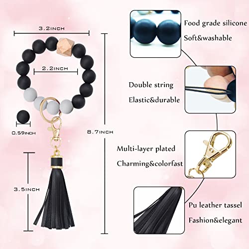 BAOSIWA Women Silicone Keychain Bracelet Beaded Wristlet Key Ring Black Bangle Chains with Leather Tassel