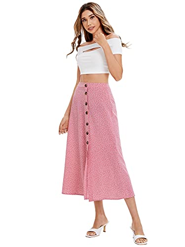 SheIn Women's Polka Dot A-Line Button Side Split Midi Knee Length Skirt Watermelon Pink Large