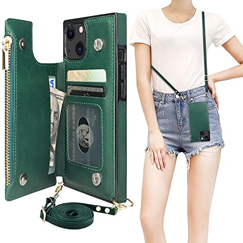 Bocasal Crossbody Wallet Case for iPhone 13 with RFID Blocking Card Slot Holder, Magnetic Flip Folio Purse Case, PU Leather Zipper Handbag with Detachable Lanyard Strap 6.1 Inch 5G (Green)