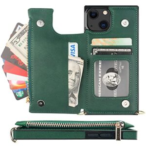 Bocasal Crossbody Wallet Case for iPhone 13 with RFID Blocking Card Slot Holder, Magnetic Flip Folio Purse Case, PU Leather Zipper Handbag with Detachable Lanyard Strap 6.1 Inch 5G (Green)