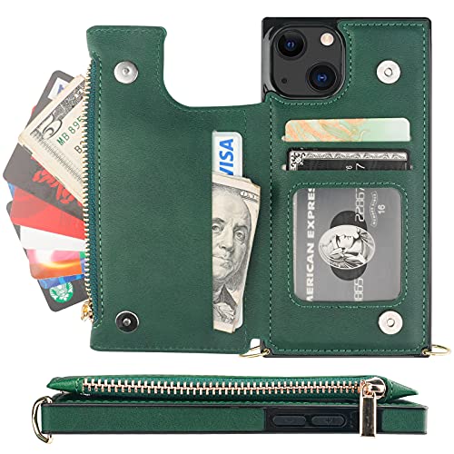 Bocasal Crossbody Wallet Case for iPhone 13 with RFID Blocking Card Slot Holder, Magnetic Flip Folio Purse Case, PU Leather Zipper Handbag with Detachable Lanyard Strap 6.1 Inch 5G (Green)