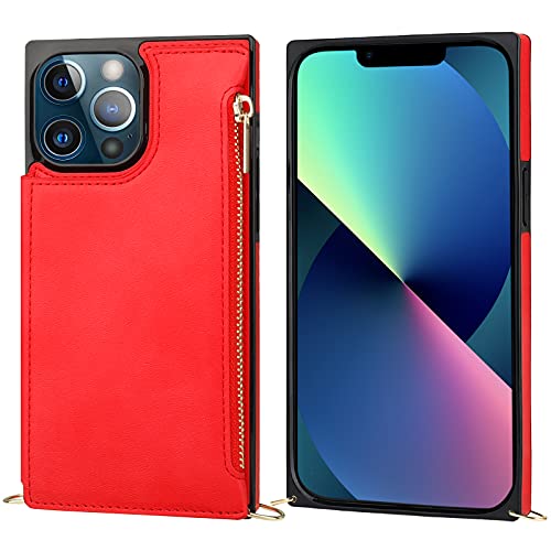 Bocasal Crossbody Wallet Case for iPhone 13 Pro Max with RFID Blocking Card Slot Holder, Magnetic Flip Folio Purse Case, PU Leather Zipper Handbag with Detachable Lanyard Strap 6.7 Inch 5G (Red)