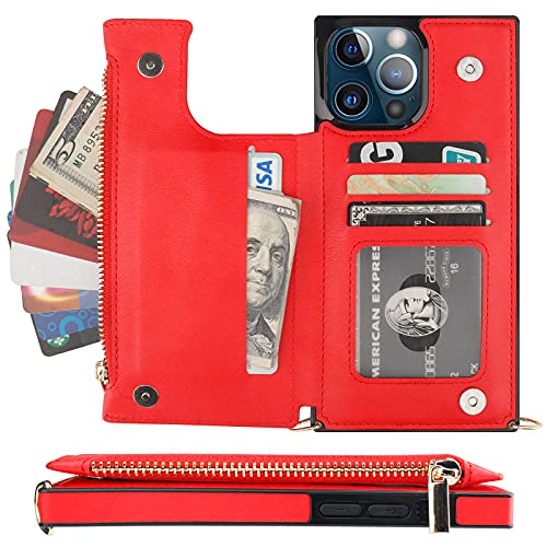 Bocasal Crossbody Wallet Case for iPhone 13 Pro Max with RFID Blocking Card Slot Holder, Magnetic Flip Folio Purse Case, PU Leather Zipper Handbag with Detachable Lanyard Strap 6.7 Inch 5G (Red)