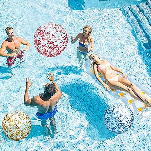 NC Glitter Beach Balls 24 Inch 3 Pack, Inflatable Beach Ball with Confetti Glitters Beach Toys for Kids Adults Airtight Swimming Pool Balls Colorful Summer Party Favors Outdoor Water Games (Blue)