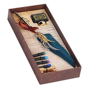 Tnfeeon Feather Pen, Vintage Feather Calligraphy Pen Quill Pen Set Student Writing Stationery with Ink Sac Romantic Valentine(navy blue)