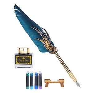 Tnfeeon Feather Pen, Vintage Feather Calligraphy Pen Quill Pen Set Student Writing Stationery with Ink Sac Romantic Valentine(navy blue)