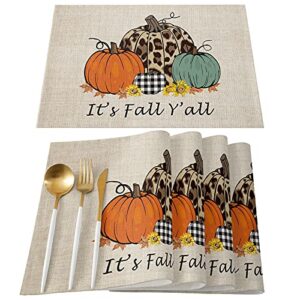 thanksgiving day placemats set of 6 harvest pumpkin orange cotton linen place mats leopard sunflower it's fall y'all heat resistant kitchen tablemats for thanksgiving day decoration dinner party