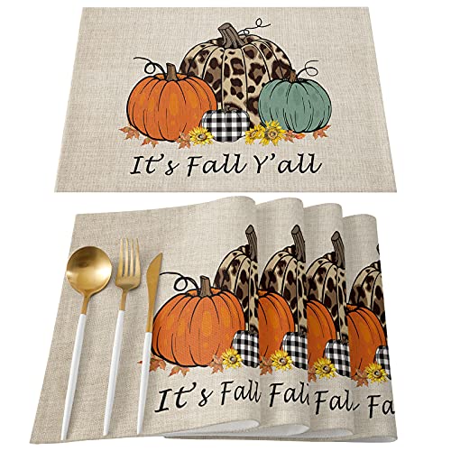 Thanksgiving Day Placemats Set of 6 Harvest Pumpkin Orange Cotton Linen Place Mats Leopard Sunflower It's Fall Y'all Heat Resistant Kitchen Tablemats for Thanksgiving Day Decoration Dinner Party