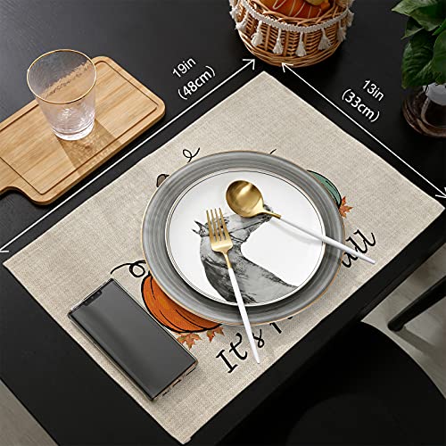 Thanksgiving Day Placemats Set of 6 Harvest Pumpkin Orange Cotton Linen Place Mats Leopard Sunflower It's Fall Y'all Heat Resistant Kitchen Tablemats for Thanksgiving Day Decoration Dinner Party