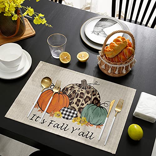Thanksgiving Day Placemats Set of 6 Harvest Pumpkin Orange Cotton Linen Place Mats Leopard Sunflower It's Fall Y'all Heat Resistant Kitchen Tablemats for Thanksgiving Day Decoration Dinner Party