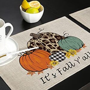 Thanksgiving Day Placemats Set of 6 Harvest Pumpkin Orange Cotton Linen Place Mats Leopard Sunflower It's Fall Y'all Heat Resistant Kitchen Tablemats for Thanksgiving Day Decoration Dinner Party