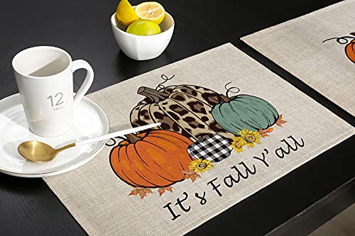 Thanksgiving Day Placemats Set of 6 Harvest Pumpkin Orange Cotton Linen Place Mats Leopard Sunflower It's Fall Y'all Heat Resistant Kitchen Tablemats for Thanksgiving Day Decoration Dinner Party