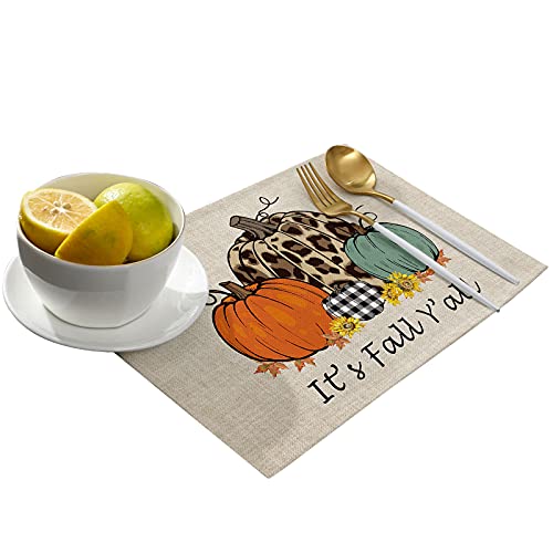 Thanksgiving Day Placemats Set of 6 Harvest Pumpkin Orange Cotton Linen Place Mats Leopard Sunflower It's Fall Y'all Heat Resistant Kitchen Tablemats for Thanksgiving Day Decoration Dinner Party