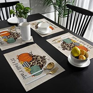 Thanksgiving Day Placemats Set of 6 Harvest Pumpkin Orange Cotton Linen Place Mats Leopard Sunflower It's Fall Y'all Heat Resistant Kitchen Tablemats for Thanksgiving Day Decoration Dinner Party