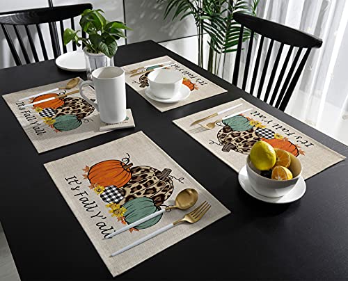 Thanksgiving Day Placemats Set of 6 Harvest Pumpkin Orange Cotton Linen Place Mats Leopard Sunflower It's Fall Y'all Heat Resistant Kitchen Tablemats for Thanksgiving Day Decoration Dinner Party