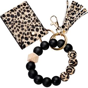 upudo keychain bracelet wristlet, silicone beaded key ring bracelet with card wallet, elastic keyring bangle for womens