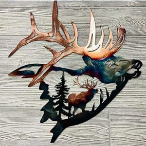 ArtsyCase Home Collection Metal Wall Decor, Elk Deer Metal Wall Art Sculpture Silhouette Craft with Rustic Cabin Décor Finish Wall Decor Hanging for Living Room, Bedroom, Bathroom Indoor, 12.8 inch