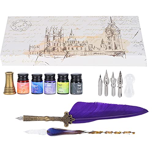 Tnfeeon Feather Pen, Vintage Feather Calligraphy Pen Quill Pen Set with Replaceable Nib Student Writing Stationery Romantic Valentine(Purple)