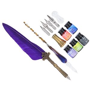 Tnfeeon Feather Pen, Vintage Feather Calligraphy Pen Quill Pen Set with Replaceable Nib Student Writing Stationery Romantic Valentine(Purple)