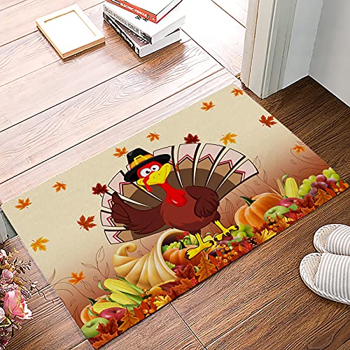 Thanksgiving Turkey Doormats Rugs- Fall Leaf Autumn Harvest Pumpkin Non-Slip Entrance Door Mats Carpet Indoor for Home/Bathroom/Kitchen/Bedroom,Large 18x30inch, Yellow