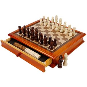 juegoal wooden chess & checkers set with storage drawer, 12 inch classic 2 in 1 board games for kids and adults, travel portable chess game sets, 2 extra queen, extra 24 wooden checkers pieces