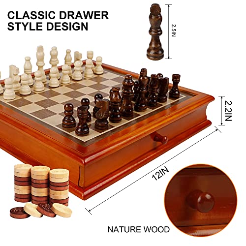 Juegoal Wooden Chess & Checkers Set with Storage Drawer, 12 Inch Classic 2 in 1 Board Games for Kids and Adults, Travel Portable Chess Game Sets, 2 Extra Queen, Extra 24 Wooden Checkers Pieces