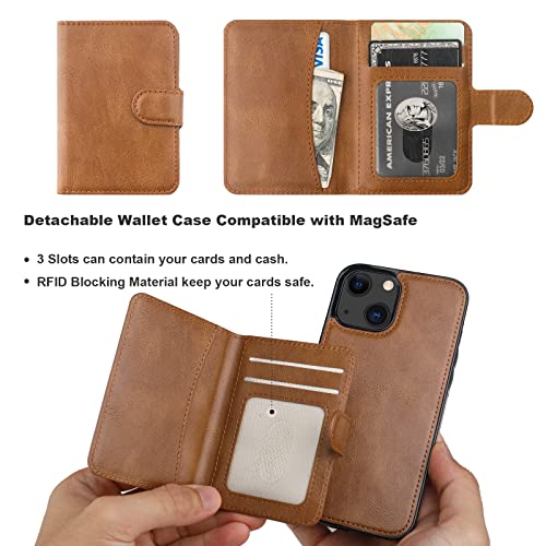 Bocasal Wallet Case for iPhone 13 Compatible with MagSafe Magnetic RFID Blocking Detachable Premium PU Leather Flip Case with Card Slots Holder Kickstand Wireless Charging 6.1 Inch (Brown)