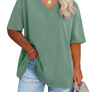 Fisoew Women's Plus Size V Neck T Shirts Summer Half Sleeve Oversized Tees Casual Loose Fit Tunic Tops Green