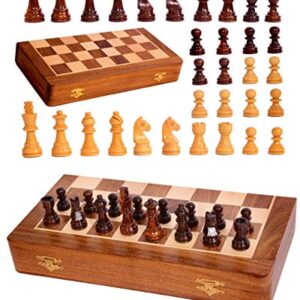 MD Continental Magnetic Wooden Chess Set Folding Board with Storage, Tournament Staunton Thick Acacia Wood Board, Portable Travel Chess, Indoor Games Kids & Adults, Brown and Beige, 10x10 Inches