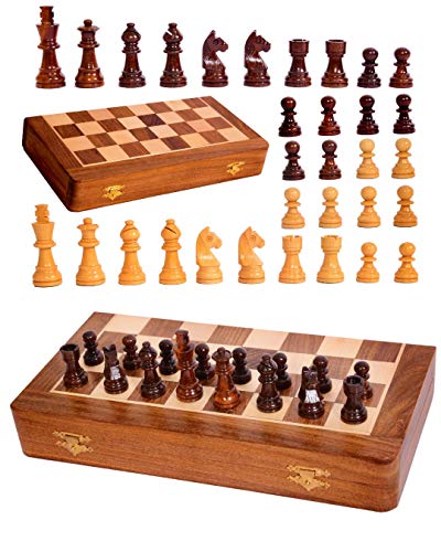 MD Continental Magnetic Wooden Chess Set Folding Board with Storage, Tournament Staunton Thick Acacia Wood Board, Portable Travel Chess, Indoor Games Kids & Adults, Brown and Beige, 10x10 Inches