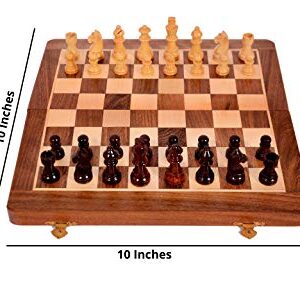 MD Continental Magnetic Wooden Chess Set Folding Board with Storage, Tournament Staunton Thick Acacia Wood Board, Portable Travel Chess, Indoor Games Kids & Adults, Brown and Beige, 10x10 Inches