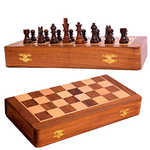 MD Continental Magnetic Wooden Chess Set Folding Board with Storage, Tournament Staunton Thick Acacia Wood Board, Portable Travel Chess, Indoor Games Kids & Adults, Brown and Beige, 10x10 Inches