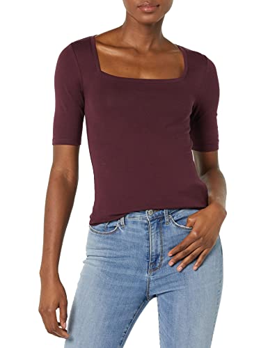 Amazon Essentials Women's Slim-Fit Half Sleeve Square Neck T-Shirt, Burgundy, Large